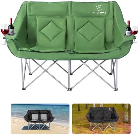 HITORHIKE Double Camping Chair Heavy Duty Oversized Folding Loveseat Camping Chair - Single/Double, All-Season Design with Cup Holder for Camping, Picnic, Beach