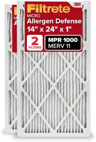 Filtrete 14x24x1 AC Furnace Air Filter, MERV 11, MPR 1000, Micro Allergen Defense, 3-Month Pleated 1-Inch Electrostatic Air Cleaning Filter, 2 Pack (Actual Size 13.81 x 23.81 x 0.81 in)