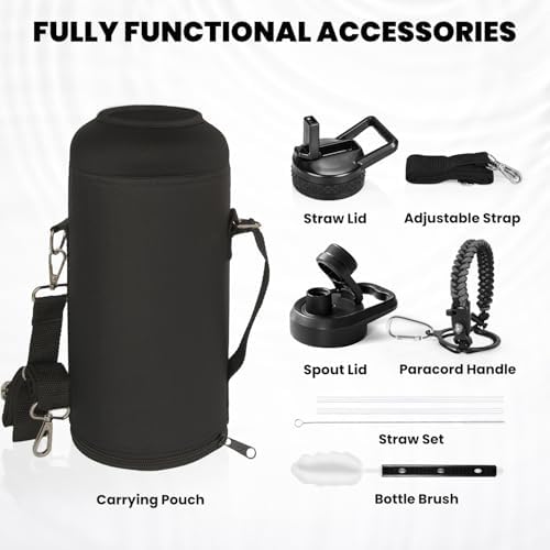 Insulated Water Bottle 87 oz, Triple Wall Vacuum Stainless Steel (Cold for 48 Hrs), Leak Proof & Non-BPA, Modern Water Flask Jug with Paracord Handle & Straw Spout Lids, Dark Grey