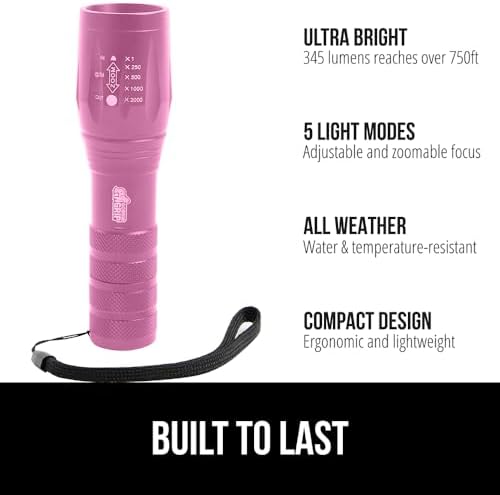 GORILLA GRIP Powerful LED 750 FT Water Resistant 5 Adjustable Mode Tactical Flashlight, High Lumens Ultra Bright Battery Zoom Flashlights, Small Camping Car Mini Flash Light Accessories, 2 Pack, Pink