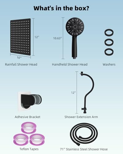 Hibbent 12'' All Metal Shower Head, High Pressure Rainfall Shower Head/Handheld Showerhead Combo/ 12'' Adjustable Curved Shower Extension Arm, 7-Spray, 71'' Hose, Showerhead Holder, Matte Black