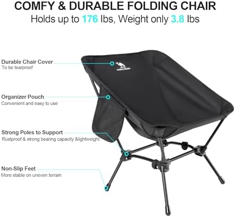CAMEL CROWN Folding Camping Chair, Lightweight Portable Compact Lawn Chair with Side Pocket for Outdoor Travel Beach Picnic Hiking Backpacking Black