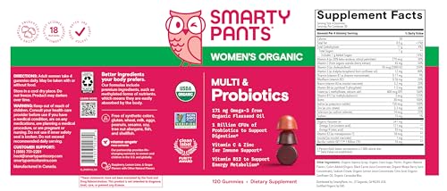 SmartyPants Organic Women's Multivitamin Gummies: Biotin, Probiotics, Methylfolate, Omega 3 (ALA), Vitamin D3, C, Vitamin B12, B6, A, K & Zinc, Inositol, Gluten Free, 120 Count (30 Day Supply)