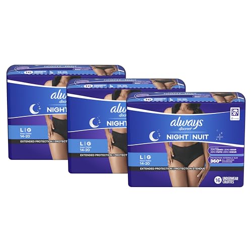 Always Discreet Adult Incontinence Overnight Underwear for Women, Large, Up to 100% Bladder Leak Protection, 48 Count (3 Packs of 16)