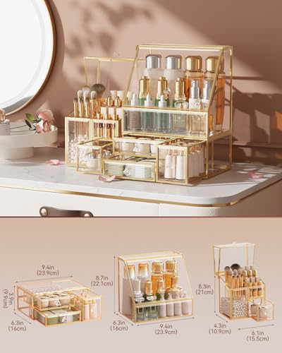 CoralHouse Clear Makeup Organizer with Gold Frame – Countertop Vanity Organizer for Skincare, Lipsticks, Perfume & Brushes – Bathroom Cosmetic Storage Display Box