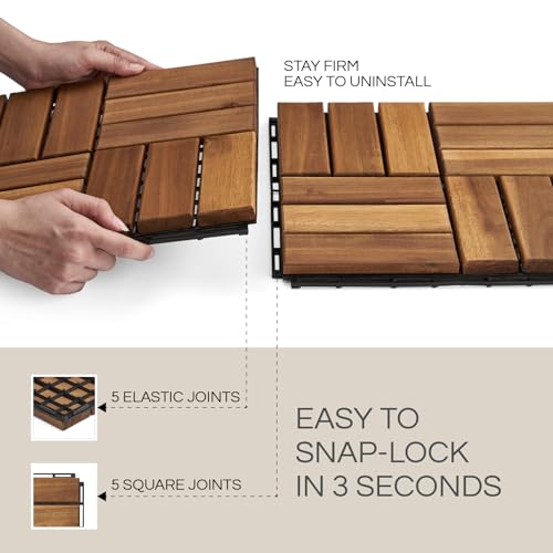 10 Pcs Interlocking Deck Tiles, Patio Flooring - Outdoor Waterproof Acacia Wood Tiles for All Weather Use - Balcony, Backyard, Indoor & Outdoor (Golden Teak, 10 Pcs - 12.1 Square Ft)