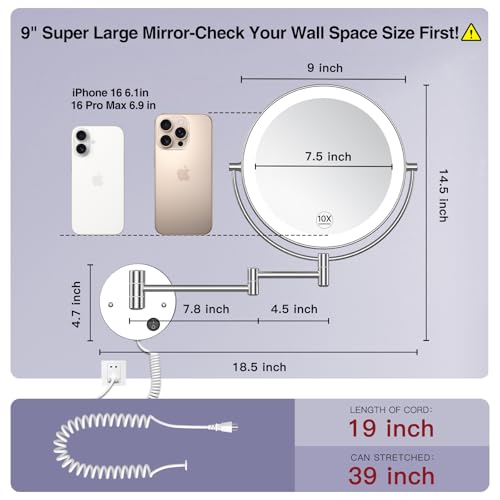 Benbilry 9" Large Size Wall Mounted Lighted Makeup Vanity Mirror, 1X/10X Magnifying Double-Sided AC Powered Bathroom Mirror, 360° Swivel 13 Inch Extendable