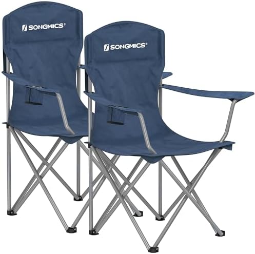 SONGMICS 2 Pack Folding Camping Chairs, Load 330 lb, Cup Holder and High Backrest, Heavy-Duty Structure, for Lawn, Garden, Fishing, Terrace