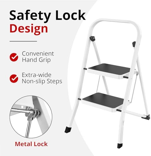 HBTower Step Ladder Folding Step Stool for Adults with Anti-Slip Pedal,330 lbs Capacity for Kitchen, Home,White