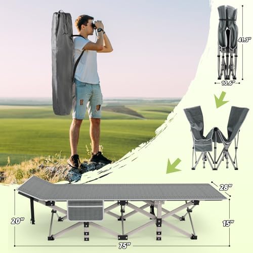 Suteck Camping Cot, Folding Camping Cot Bed for Adults Sleeping 1200D Double Layer Oxford Portable Folding Outdoor Cots for Camping W/Soft Pad Carry Bag for Home Office Nap Beach Travel, Stripe Blue