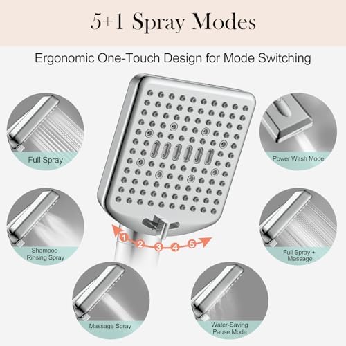 Filtered Shower Head with Handheld - High Pressure 6 Modes, 120 Anti-clog Nozzles, Detachable Showerhead with Hard Water Filters, Extra Long 6ft Hose, Power Wash Mode to Clean Bathroom, Pets