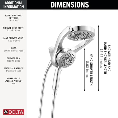 Delta Faucet 5-Setting HydroRain 2-in-1 Dual Shower Head with ProClean Spray, Chrome Round Shower Head with Hose, Hand Held Shower Head, Chrome 75419