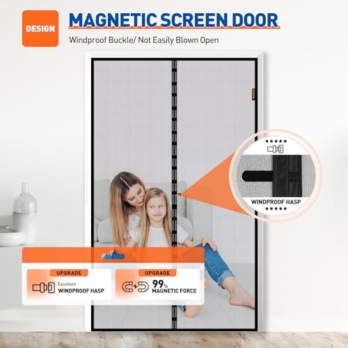 MAGZO Magnetic Screen Door Fit Door Size 60 x 80 Inch, Screen Size 62" x 81" Strong Magnet French Style Mesh, Heavy Duty Fiberglass Mesh with Hook & Loop for Sliding Entrance, Gray