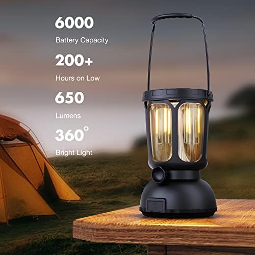 Raynic 6000 LED Camping Lantern Rechargeable, 650LM Hand Crank Solar Camping Light, Portable Battery Powered Lantern for Emergency, Power Outage, Hurricane, Outdoors