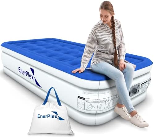 EnerPlex Twin Air Mattress with Built-in Pump - 16 Inch Double Height Inflatable Mattress for Camping, Home & Portable Travel - Durable Blow Up Bed with Dual Pump - Easy to Inflate/Quick Set Up