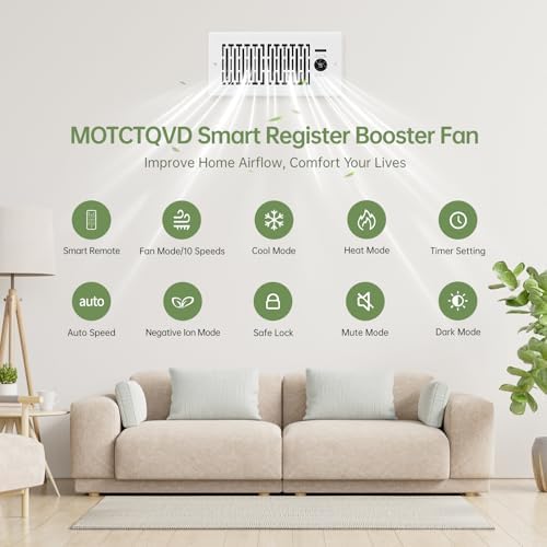 Register Booster Fan Fits 4” x 10” Register Holes, Smart Control Heating Cooling AC Vent Fan, 10-Speed Quiet Register Vent Booster Fans with Thermostat Control & Remote Control