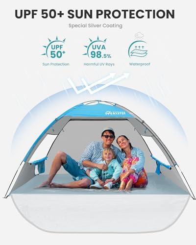 OutdoorMaster Beach Tent for 3 Person with 2 Doors, Easy Setup Sun Shade Shelter, Portable Beach Shade Sun Canopy with UPF 50+ UV Protection, Extendable Floor with Carrying Bag - Blue
