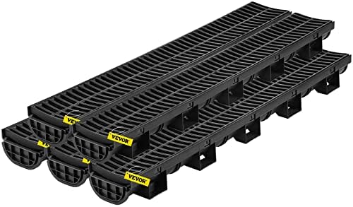 VEVOR Trench Drain System, Channel Drain with Plastic Grate, 5.7x3.1-Inch HDPE Drainage Trench, Black Plastic Garage Floor Drain, 5x39 Trench Drain Grate, with 5 End Caps, for Garden, Driveway-5 Pack