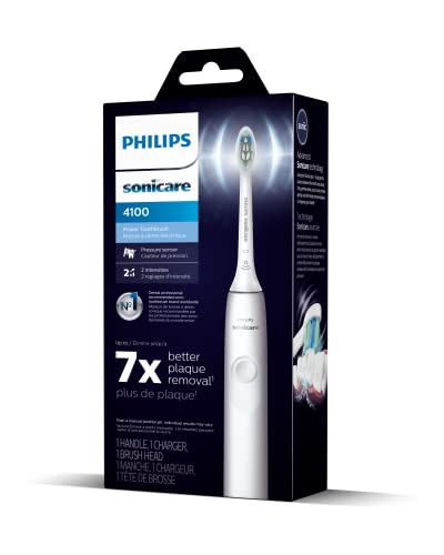 Philips Sonicare 4100 Rechargeable Electric Toothbrush, with Pressure Sensor, 2 Intensity Settings, SmarTimer and QuadPacer, 14-Day Battery Life, White, Model HX3681/23