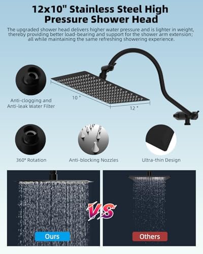 Hibbent 12'' All Metal Shower Head, High Pressure Rainfall Shower Head/Handheld Showerhead Combo/ 12'' Adjustable Curved Shower Extension Arm, 7-Spray, 71'' Hose, Showerhead Holder, Matte Black