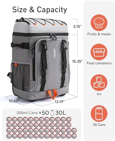 TOURIT 50-Can Rolling Backpack, Double Deck & Dual-Bar Handle Travel Soft Cooler Bag with Wheels for Women, 30L Space Beach Cooler Size 18"(15"+3")×13"×11"
