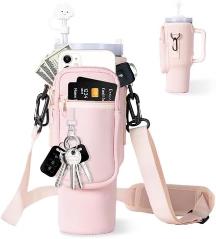 dabria Water Bottle Carrier Bag with Phone Pocket for Stanley 40/30 oz Tumbler Neoprene Water Bottle Holder Pouch with Adjustable Strap Bollus with Straw Cover & Carabiner for Stanley Cup Accessories