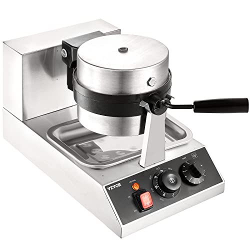 VEVOR Commercial Waffle Maker, 1300W Round Waffle Iron, Non-Stick Rotatable Waffle Baker Machine With 122-572℉ Temp Range and Time Control, Teflon-Coated Baking Pan Stainless Steel Body 120V