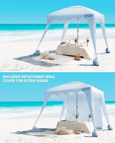 OutdoorMaster Beach Cabana with Fringes, Portable 6' x 6' Beach Canopy for Sand, Easy Set Up Sun Shelter, Included Side Wall, UPF 50+ UV Protection Sun Umbrella - for Family & Friends -Wave Point