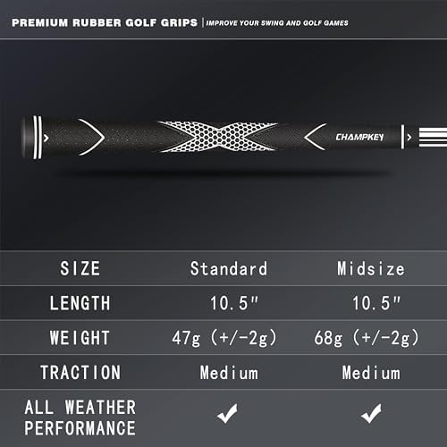 CHAMPKEY Premium Rubber Golf Grips 13 Pack | High Traction and Feedback Rubber Golf Club Grips | Choose Between 13 Grips with 15 Tapse and 13 Grips with All Kits