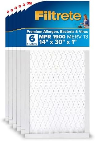 Filtrete 14x30x1 AC Furnace Air Filter, MERV 13, MPR 1900, Premium Allergen, Bacteria & Virus Filter, 3-Month Pleated 1-Inch Electrostatic Air Cleaning Filter, 6-Pack (Actual Size 13.81x29.81x0.78 in)