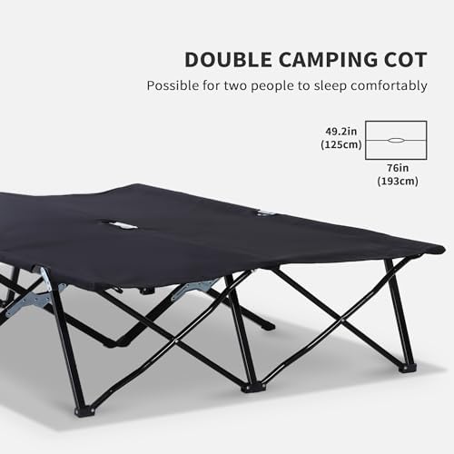 Outsunny 2 Person Folding Camping Cot for Adults, 50" Extra Wide Outdoor Portable Sleeping Cot with Carry Bag, Elevated Camping Bed, Beach Hiking, Black
