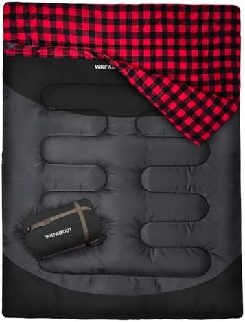 Cotton Flannel Double Sleeping Bag for Adults Machine Washable 2 Person Camping Sleeping Bag Queen Size Waterproof with Compression Sack for Cold Weather 3-4 Seasons