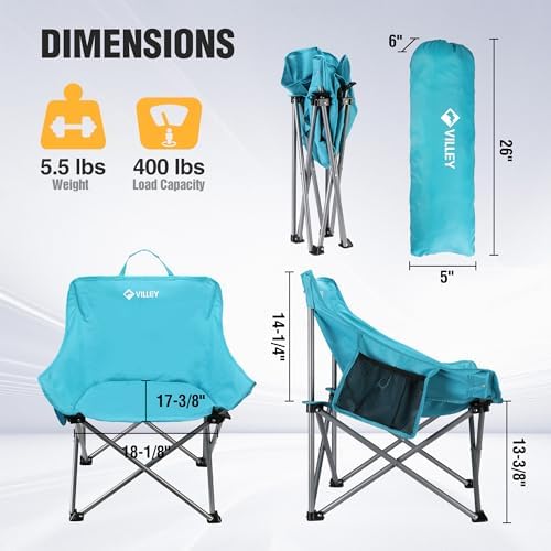 VILLEY Camping Chair Beach Folding Chair, Outdoor Lawn Portable Lightweight Chair, Foldable Chair with Carry Bag, for Outside Hiking, Fishing, Travel, Beach and Sports, Blue