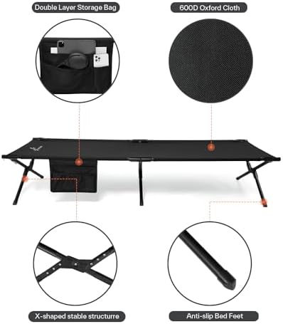 Sportneer Camping Cot: 78.3"x28.7"x14.6" Comfort Cot Bed for Camping Traveling Guest Bed, Sleeping Cots for Adults with Side Pockets & Storage Bag - Ease of Assembly, Support 330 Lbs