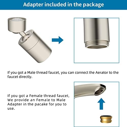 Hibbent NSF/ANSI/CAN 61 Certified Faucet Aerator, Kitchen Sink Faucet Aerator, 2 Water Flow CUPC Certification 360-degree Swivel Faucet Extender, 55/64 Inch Female Thread, Water Saving-Brushed Nickel