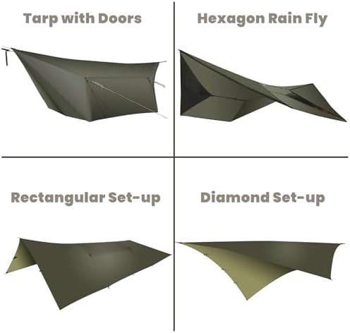 onewind 12×10 ft Hammock Tarp, Ultralight Tarp Silnylon Hammock Rain Fly Lightweight Waterproof Camping Tent Tarp with Doors, Easy to Setup with Stuff Sack, Tent Stakes, OD Green