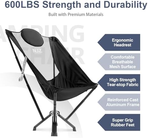 High Back Camping Chair - 600 LBS Capacity Oversized Camping Chair with Comfortable Backrest & Headrest, Quick Setup - Compact Folding Chair for Indoor/Outdoor Use - Black
