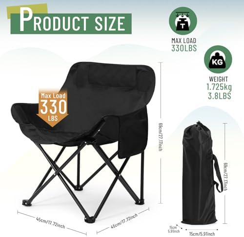 2 Pack Compact Camping Chairs Portable Folding for Outside with Carry Bag Lightweight Moon Chairs for Travel Picnic Hiking Beach Fishing, 600D Oxford, Supports 330lbs(Black)
