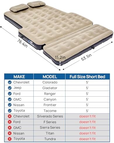 JOYTUTUS 5-5.2Ft Truck Bed Air Mattress with Removable Tailgate Extension, Compatible with Tacoma&Ranger,Thickened Inflatable Compact Short Truck Beds, with Air Pump&2 Pillows,Camel&Black
