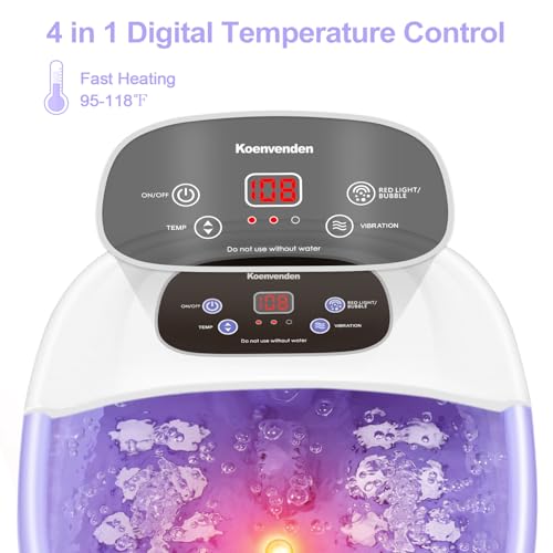 Foot Spa Bath Massager with Heat Bubbles and Vibration Massage and Jets, 16 OZ Calming Lavender Foot Soak Epsom Salt, Koenvenden Foot Soaker With Red Light, 22 Massage Rollers, Adjustable Temp -Purple