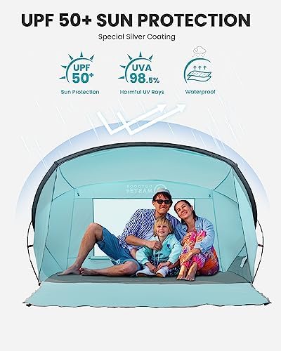 OutdoorMaster Beach Tent for 3-4 Person - Easy Setup and Portable Beach Shade Sun Shelter Canopy with UPF 50+ UV Protection Removable Skylight Family Size - Green