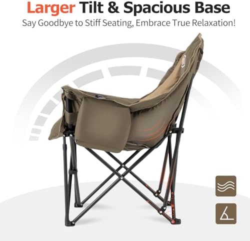 Overmont Oversized XL Camping Chair for Adults - 450lbs Support Heavy-Duty Padded Folding Chair with Side Pocket Cup Holder Cooling Bag for Outdoor Sports Garden Beach Fishing Lawn Khaki