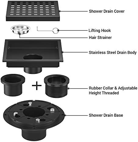 EXF Square Shower Drain 6 Inch Matte Black, Stainless Steel Shower Floor Drain Kit with ABS Flange, Removable Grid Grate, Hair Strainer, Not Fit for Bathtub