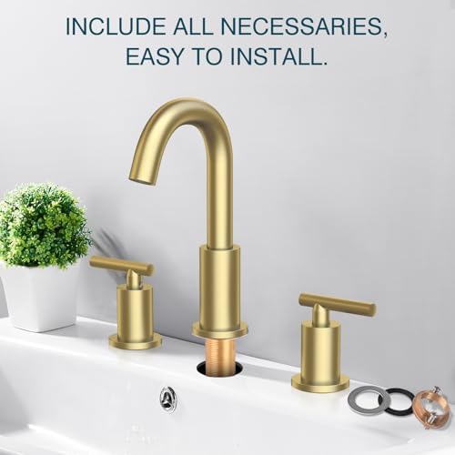 TRUSTMI Brushed Gold Bathroom Faucet 3 Hole Widespread 2-Handle 8 Inch Brass Bathroom Sink Faucet with Overflow Pop Up Drain and cUPC Waterlines