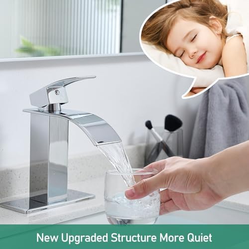 VOTON Chrome Bathroom Faucets Waterfall Bathroom Sink Faucet Modern Single Handle Bathroom Faucet for 1 or 3 Holes with Deck Plate and Pop-Up Drain, Rv Sink Camper Farmhouse Bathroom Faucet