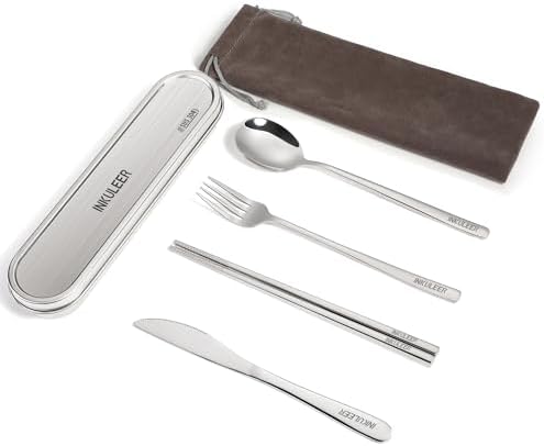 Travel Cutlery Set - 18/8 Stainless Steel Reusable Utensils with Metal Case, Portable Silverware for Camping, Office, Travel & Outdoor Dining