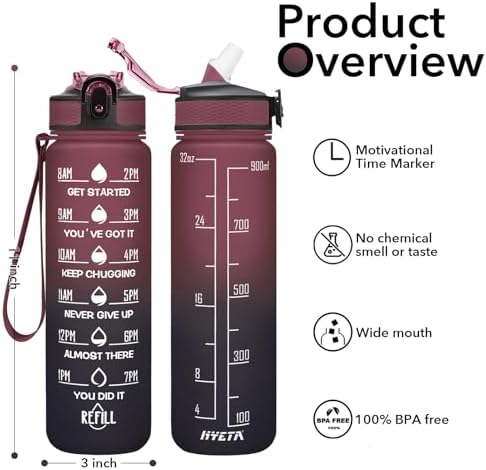 Hyeta 32 oz Water Bottles with Times to Drink and Straw, Motivational Water Bottle with Time Marker, Leakproof, Drinking Sports Water Bottle for Fitness, Gym and Outdoor