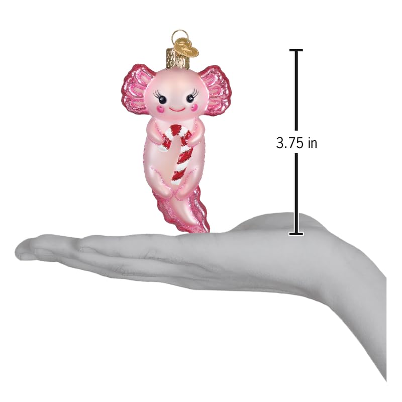 Old World Christmas Axolotl with Candy Cane Glass Blown Ornament for Christmas Tree, Handcrafted Holiday Decoration, Holiday Animal Collection