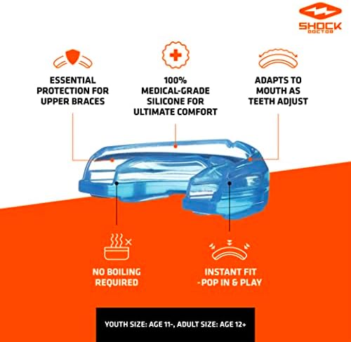 Shock Doctor Mouth Guard for Braces, Upper Teeth Protection, Instant Fit, Adult & Youth Sizes