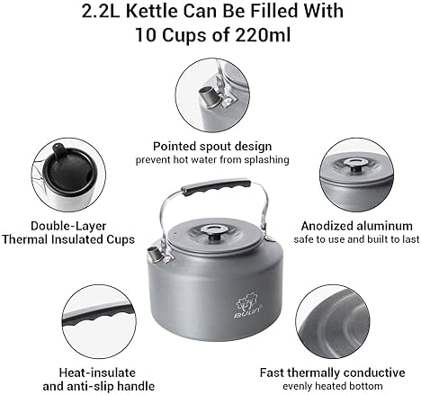 Bulin 2.2L Camping Kettle with 2&4 Stainless Steel Cups for Outdoor Camping Cookware Hiking Backpacking Kitchen Campfire and Picnic, Carrying Bag